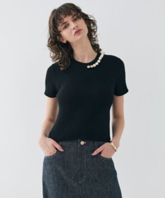 BEIGE, ベイジ　VINCA パール付き半袖コットンリブニット BEIGE, ベイジ VINCA パール付き半袖コットンリブニット