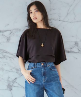23区 ストレッチジョーゼットバンドカラー カットソー　ダークグリーン×ブラック 洗える】ストレッチジョーゼット フレンチスリーブ カットソー