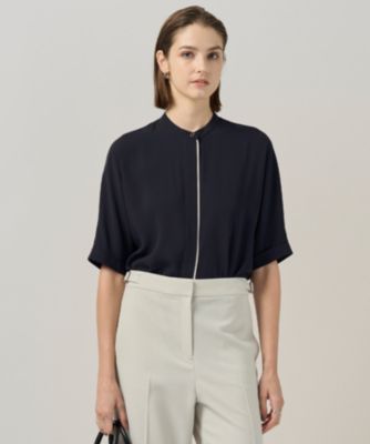 美品 ブラミンク バンドカラー ギャザースリーブ 比翼 ブラウス シャツ  