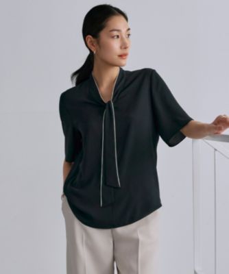 集英社HAPPY PLUS STOREICB（アイシービー）/【人気のため新色追加・接触冷感・UVケア・洗える】BackSatinAmunzen 5分袖配色ボウタイブラウス