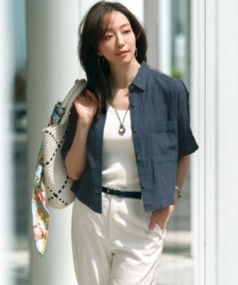 【美品】23区 x LIBECOリネンクロップドシャツ　ライトブルー 23区 ブラウス シャツ 「洗える」LIBECOリネン クロップド