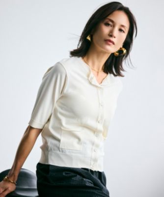集英社HAPPY PLUS STOREBEIGE，（ベイジ）/【洗える】VALOIS / ジョーゼットトリム半袖カーディガン