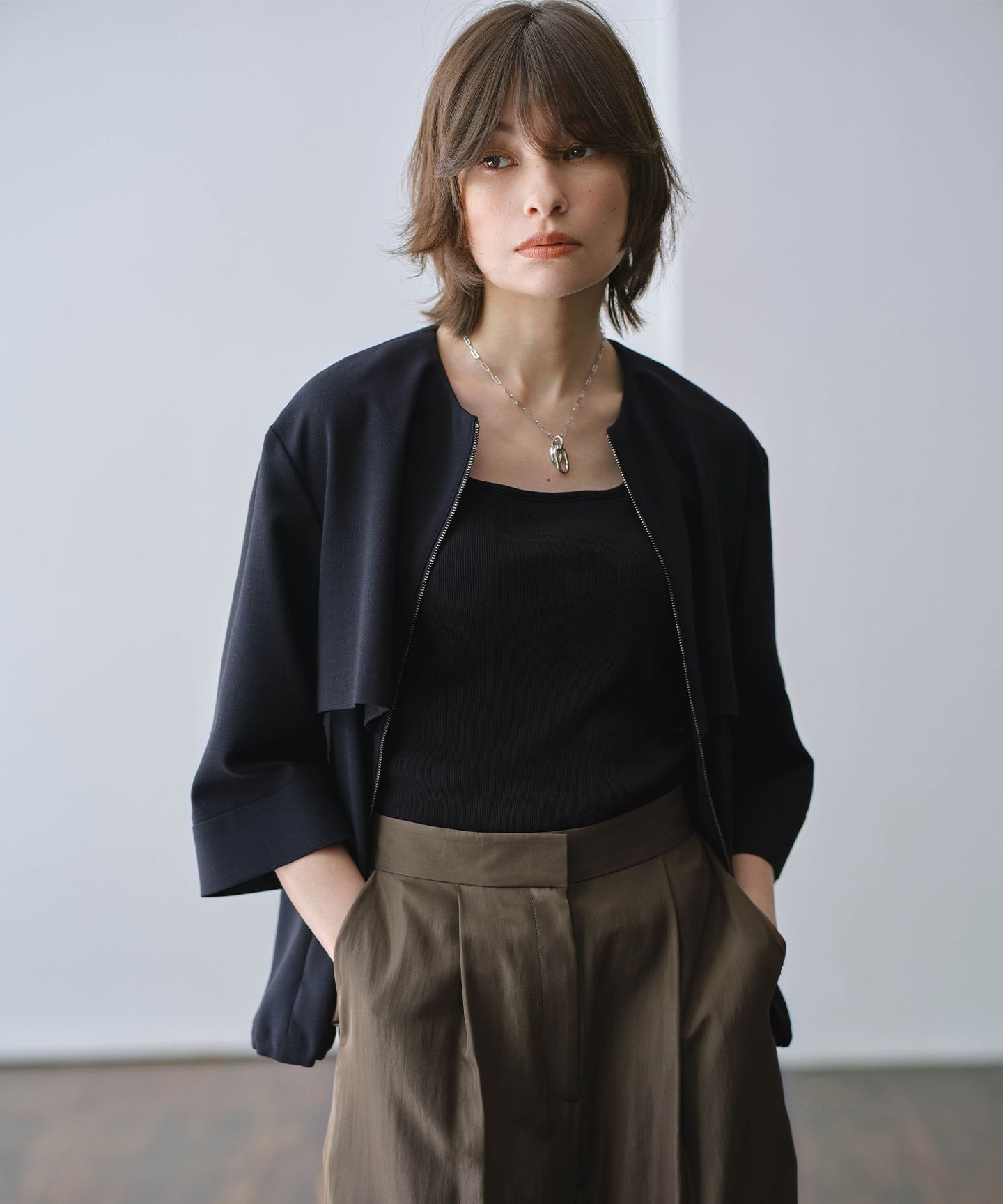 ICB(アイシービー)/【UVカット・洗える】ウール2WAYストレッチ ノーカラーブルゾン