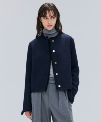 極美品◆BEIGE ベイジ 金ボタン ツイード ノーカラー ジャケット M ラウアー LAUIR 金ボタンツイードジャケット （ベージュ