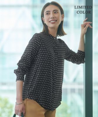 ICB ブラウス　新品　バンドカラー UVケア・速乾・洗える】BackSatinAmunzen バンドカラーブラウス
