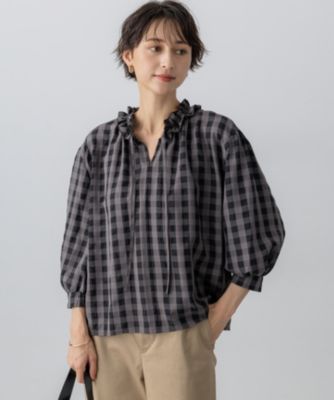 人気 Obli オブリ ブロックチェックブラウス フリル 伸縮性あり 比翼ボタン 人気 Obli オブリ ブロックチェックブラウス フリル 伸縮性あり