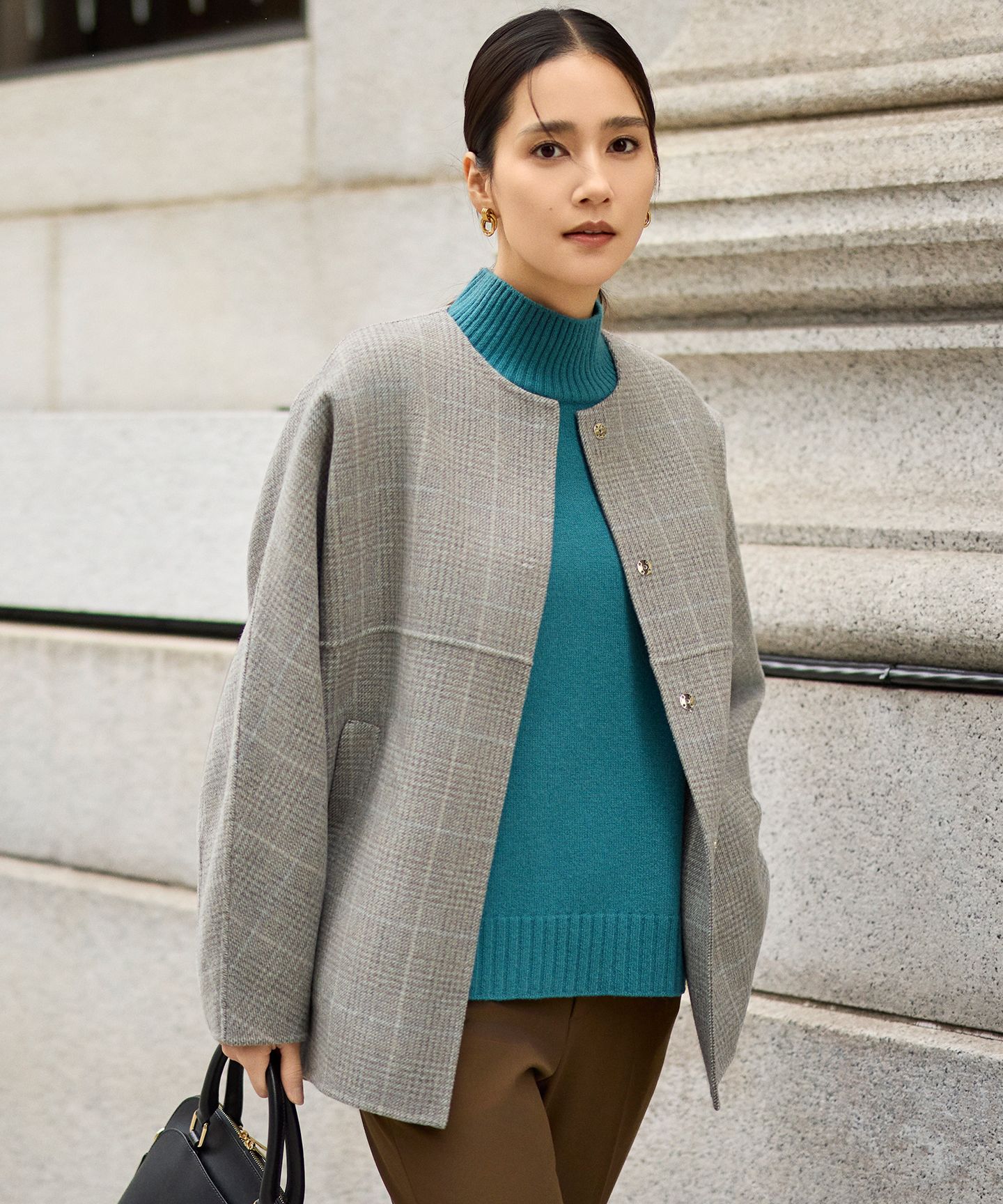 自由区 L(ジユウク　エル)/【17号サイズまで展開】ウールリバーチェック柄ノーカラー コート