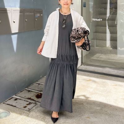 【GUMZZI】ノースリーブミモレ丈ノースリシャツワンピto28772 ストライプフリルノースリーブシャツワンピース