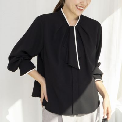 　《セットアップ対応》ウォッシャブルストレッチジョーゼットボウタイ風ペプラムブラウス