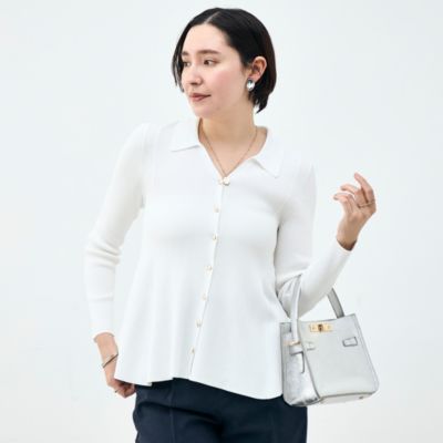 　《手洗い可能》リブフレアスキッパーポロ襟カーディガン