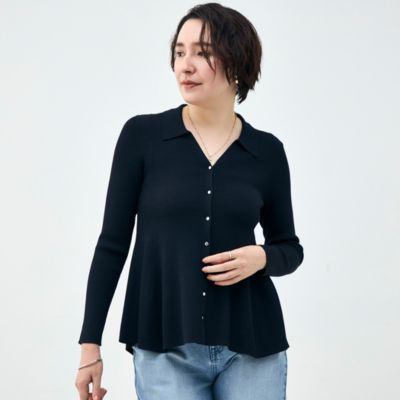 《手洗い可能》リブフレアスキッパーポロ襟カーディガン