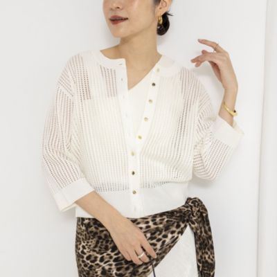 《手洗い可能》メッシュスパンコール6分袖カーディガン