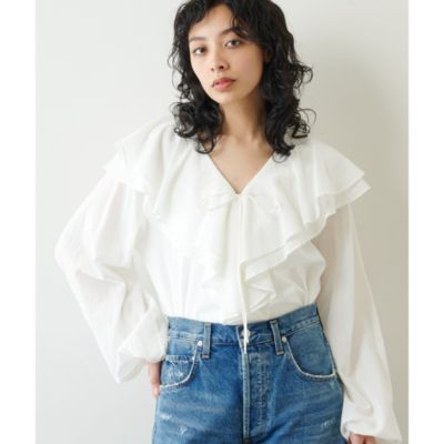 ＜集英社＞ 12closet(トゥエルブクローゼット)/【石上美津江さんコラボ】【洗える】コットンカットボイル衿フリルブラウス