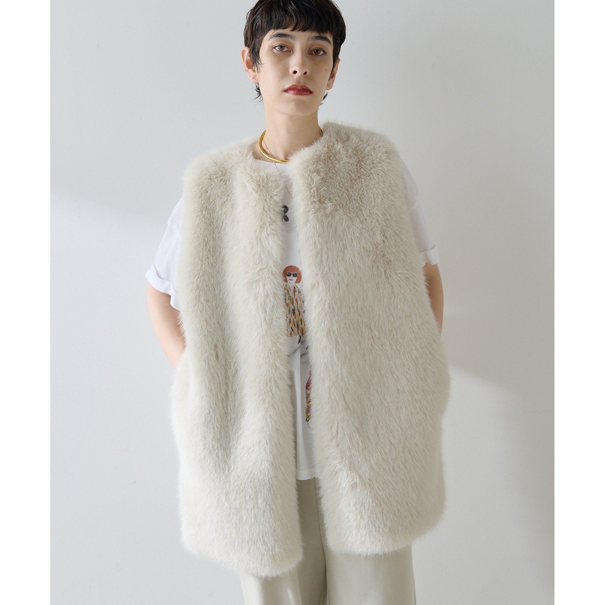 Whim Gazette(ウィム ガゼット)/【THE PAUSE】フェイクファークルーネックジレ