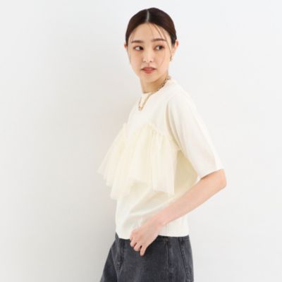 集英社HAPPY PLUS STORETHE SHOP TK（Women）（ザ ショップ ティーケー：レディース）/【大人チュール使い】5分袖チュール切替ニット/洗える