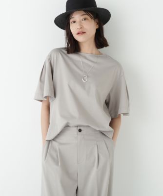 ＜LOEFF＞タフタ ギャザー ボートネックブラウス　シルバーグレー LOEFF＞タフタ ギャザー ボートネックブラウス シルバーグレー