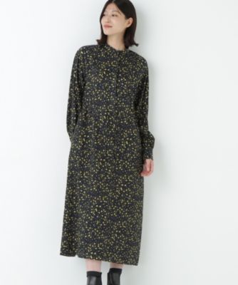 　プチフラワープリントブラウジングバンドカラーワンピース