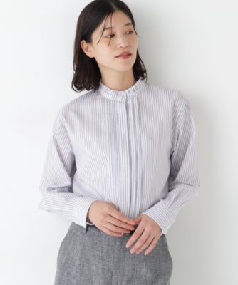 　◆先染めストライプスタンドフリルブラウス