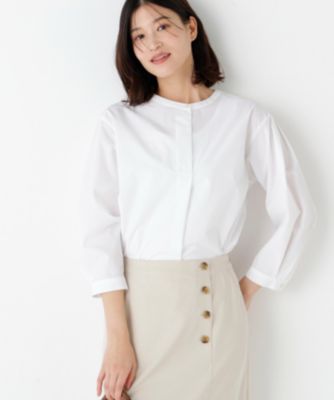 ◆《ウォッシャブル》綿ポリエステル先染ノーカラーブラウス