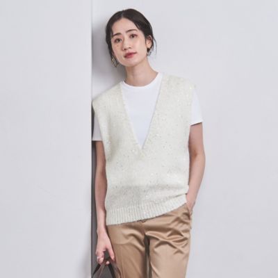 モヘア\u0026スパンコール白ノースリーブセーターファッション - トップス